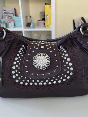 NWT Rustic Coutures Western Hobo Bag, Brown Studded Bling Concho Purse Y2K Rodeo